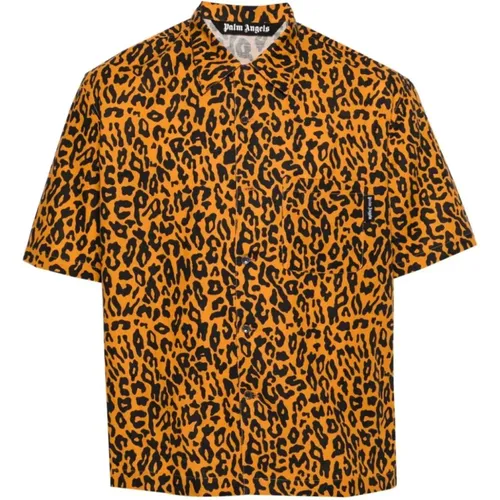 Leopard Print Linen-Cotton Shirt , male, Sizes: M, S - Palm Angels - Modalova