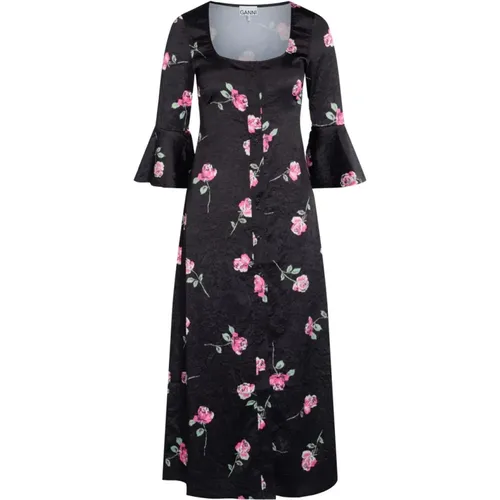 Schwarzes Midi-Kleid mit Blumenmuster , Damen, Größe: XS - Ganni - Modalova