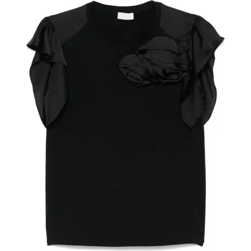 Schwarzes T-Shirt mit Blumenapplikation , Damen, Größe: M - Liu Jo - Modalova