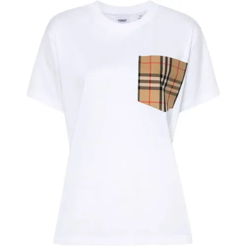 Weiße T-Shirts und Polos mit Signatur Check , Damen, Größe: L - Burberry - Modalova