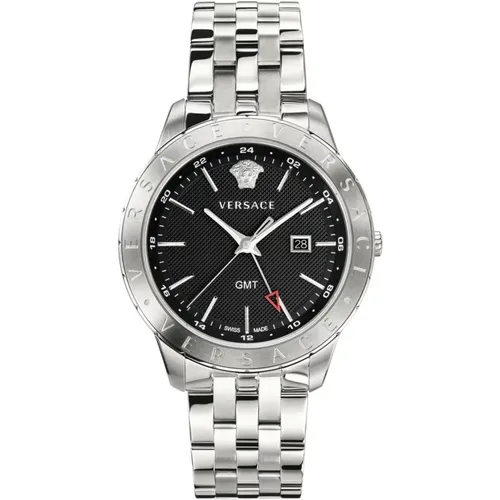 Silver Stainless Steel Bracelet Black Dial GMT Watch , unisex, Sizes: ONE SIZE - Versace - Modalova