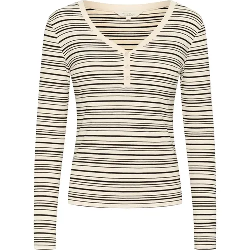 Black Stripe Long Sleeve V-Neck T-Shirt , female, Sizes: M - Part Two - Modalova