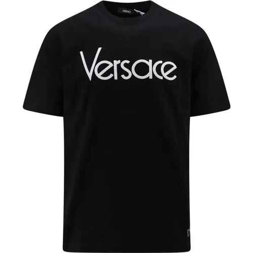 Schwarzes Geripptes T-Shirt mit Stickerei - Versace - Modalova