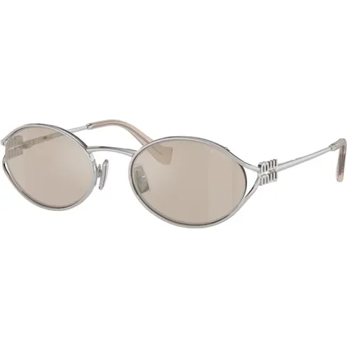 Ovale Metallrahmen Sonnenbrille Silber Grau , Damen, Größe: 54 MM - Miu Miu - Modalova