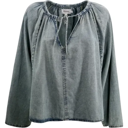 Shirred Denim Blouse , female, Sizes: S, M - Frame - Modalova