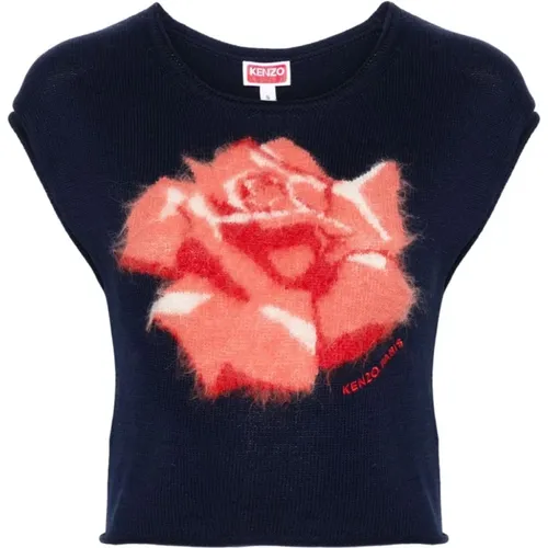 Blauer Blumen Intarsia Pullover , Damen, Größe: XS - Kenzo - Modalova