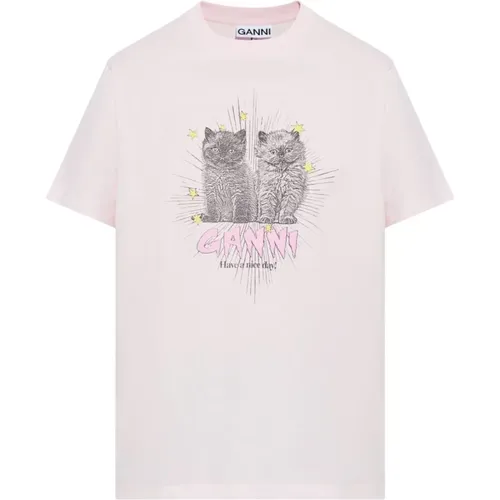 Besticktes Logo Baumwoll T-shirt Rosa , Damen, Größe: M - Ganni - Modalova