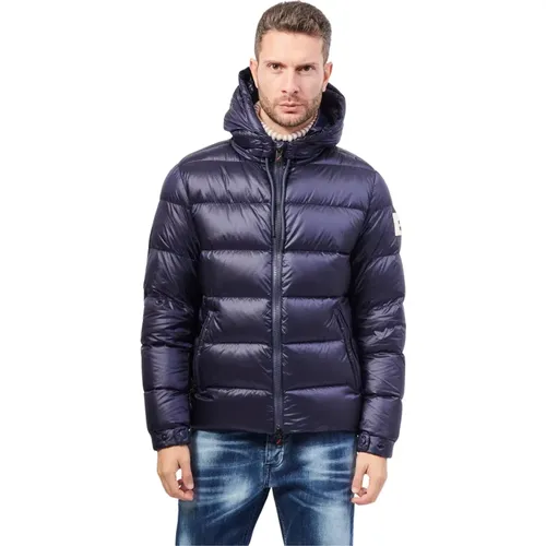 Kurze Daunenjacke in Blau mit Kapuze , Herren, Größe: 2XL - Afterlabel - Modalova