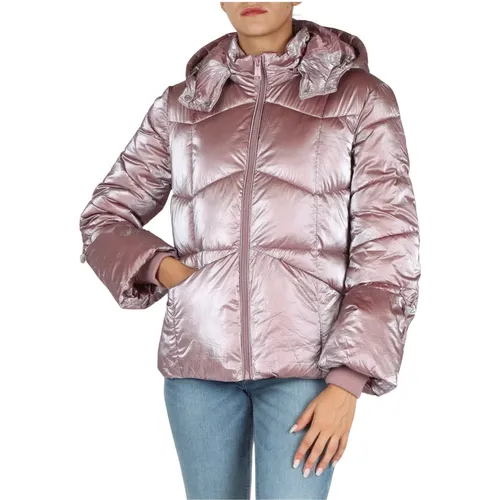 Quilted Glossy Jacket with Removable Hood , female, Sizes: L, XS, S - Guess - Modalova