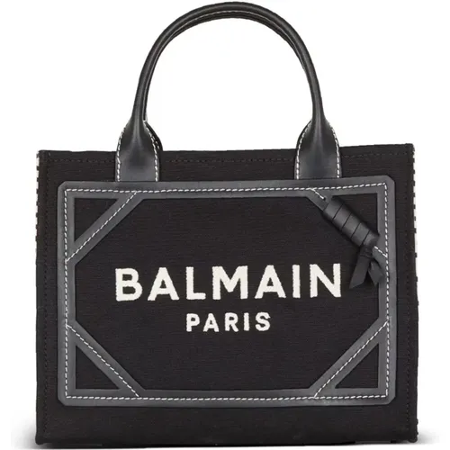 Schwarze Schultertasche für Frauen,Canvas Shopper Tasche Avorio Nero,Schicke Elfenbein und Schwarze Handtasche - Balmain - Modalova