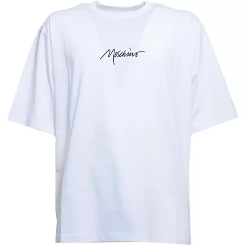 Weißes T-Shirt mit schwarzer Logo-Stickerei - Moschino - Modalova