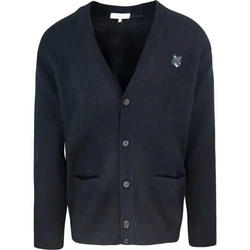 Schwarzer Woll-Cardigan Fuchspatch , Herren, Größe: L - Maison Kitsuné - Modalova