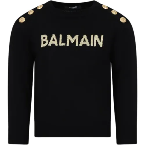 Schwarzer Pullover mit goldener Logodetail - Balmain - Modalova