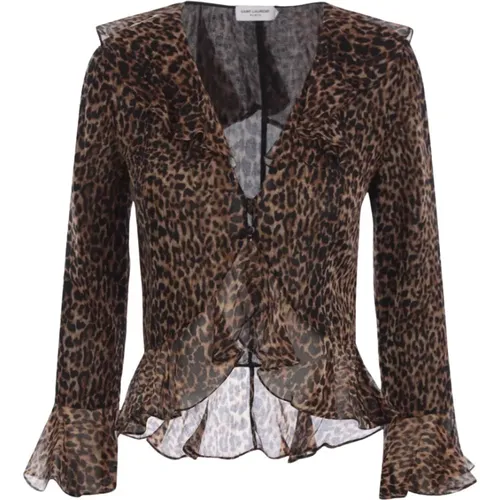 Leopard Print Ruffle Trim Shirt , female, Sizes: S, L, M - Saint Laurent - Modalova