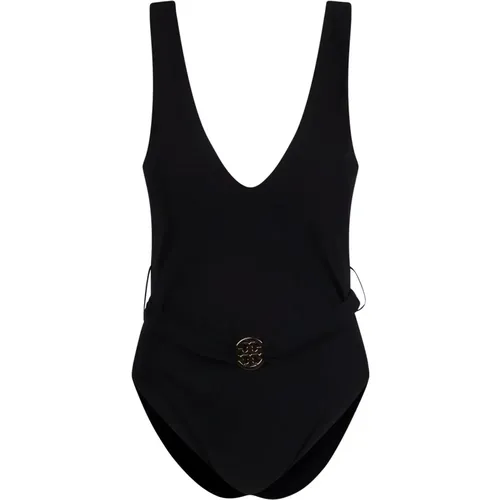 Plunging V-neck Swimsuit with Gold-Tone Logo Plaque , female, Sizes: S - TORY BURCH - Modalova