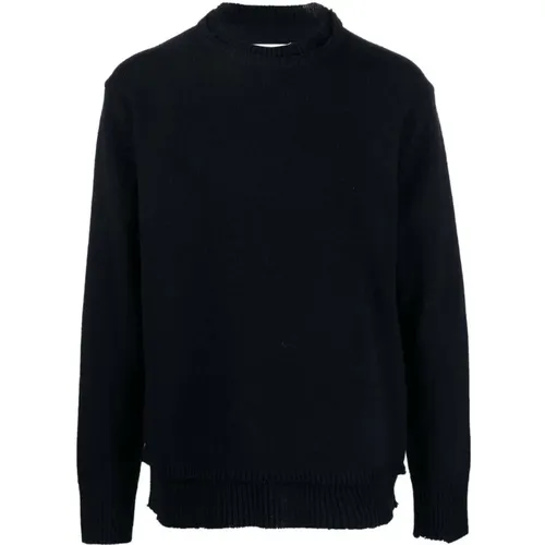 Blauer Crew-neck Pullover mit Ellbogenpatches , Herren, Größe: L - Maison Margiela - Modalova