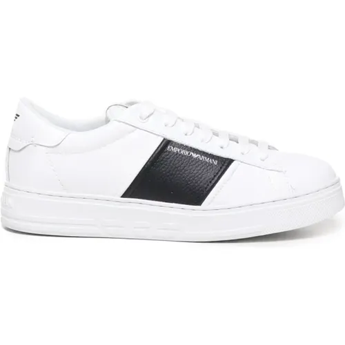 Weiße Ledersneakers mit Streifendetail , Herren, Größe: 42 1/2 EU - Emporio Armani - Modalova