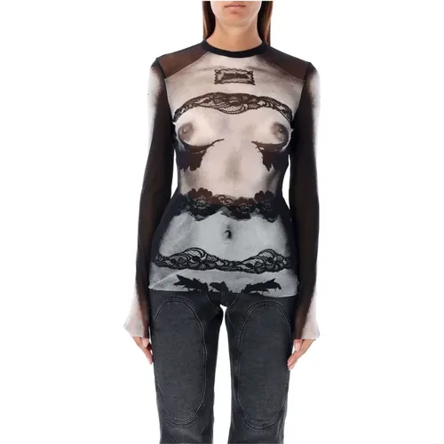 Mesh Trompe-l'oeil Top Black Grey White , female, Sizes: M - Jean Paul Gaultier - Modalova