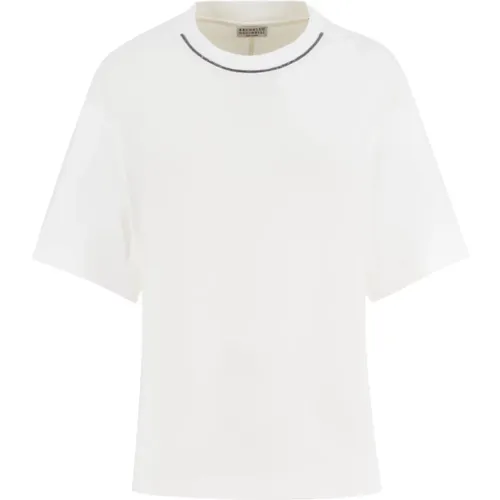 Bianco Ss24 Besticktes Baumwoll T-Shirt - BRUNELLO CUCINELLI - Modalova