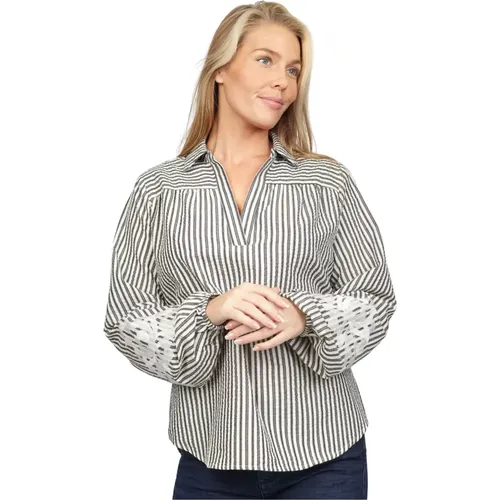 Gestreifte Bluse mit Puffärmeln und bestickten Details , Damen, Größe: XL - 2-Biz - Modalova