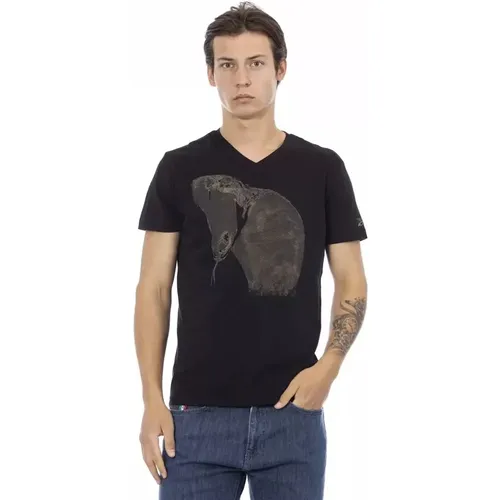 Schwarzes V-Ausschnitt T-Shirt mit Frontprint , Herren, Größe: XL - Trussardi - Modalova