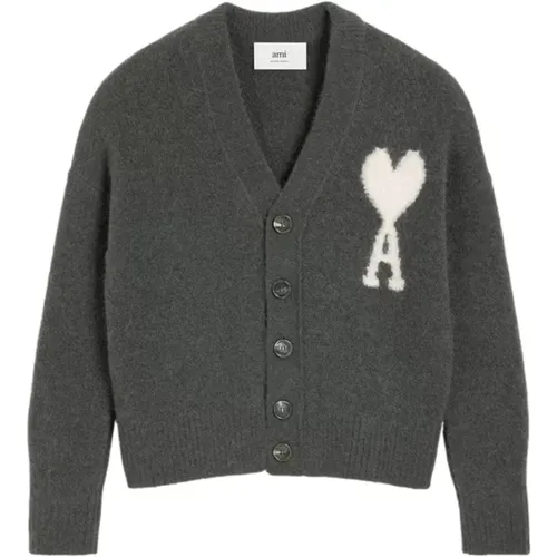 Grey Alpaca Wool Sweater V-Neck , male, Sizes: L - Ami Paris - Modalova