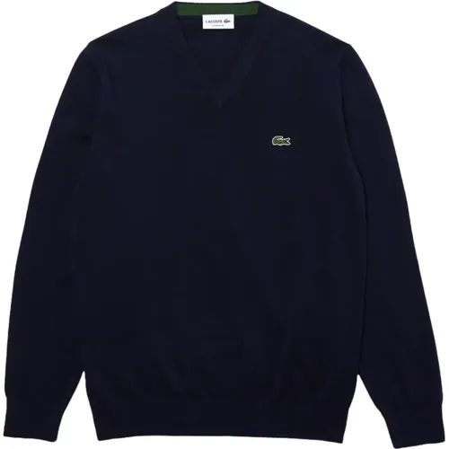 Blauer Baumwollpullover mit V-Ausschnitt und Besticktem Logo , Herren, Größe: S - Lacoste - Modalova