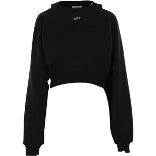 Schwarzer Baumwoll-Jersey Cropped Sweater mit Logo-Print , Damen, Größe: L - Off White - Modalova