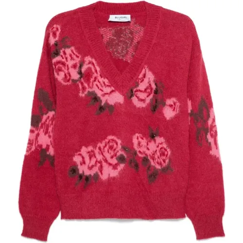 Roter Blumensweater mit Perlenverzierung , Damen, Größe: XS - Blugirl - Modalova