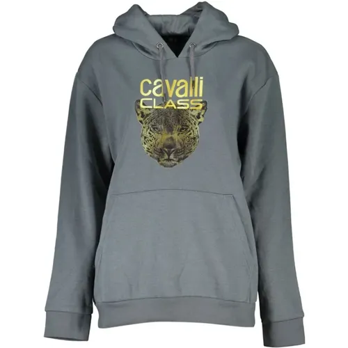 Grauer Fleece Hoodie mit Print , Damen, Größe: L - Cavalli Class - Modalova