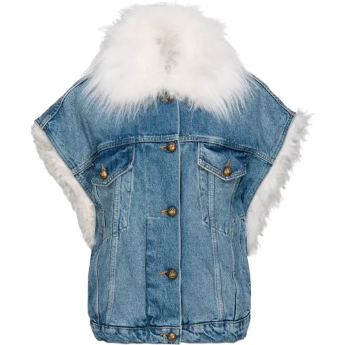 Denim Sleeveless Jacket with Faux Fur Detailing , female, Sizes: XS, S - pinko - Modalova