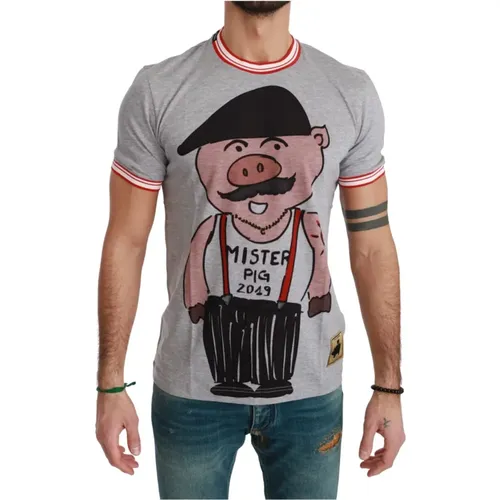Graues Baumwolltop 2019 Jahr des Schweins T-Shirt , Herren, Größe: XS - Dolce & Gabbana - Modalova