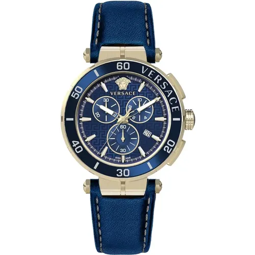 Blau Leder Chronograph Uhr , Herren, Größe: ONE Size - Versace - Modalova