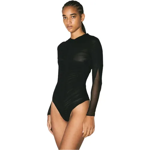 Gerüschter Langarm Semi-Transparenter Bodysuit , Damen, Größe: S - Mugler - Modalova