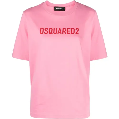 Rosa Baumwoll T-Shirt mit Logo-Print , Damen, Größe: XS - Dsquared2 - Modalova