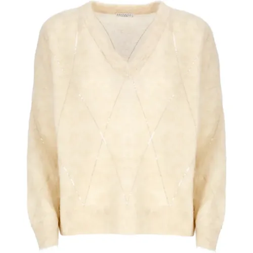 Ivory Sequin V-Neck Sweater - BRUNELLO CUCINELLI - Modalova