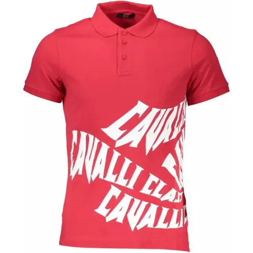 Rotes Baumwoll-Polo-Shirt, Kurzarm, Regular Fit, 3 Knöpfe, Druck, Logo , Herren, Größe: XL - Cavalli Class - Modalova