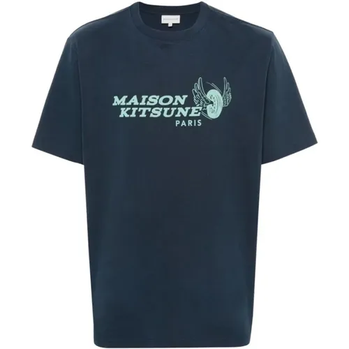 T-Shirt mit Racing Wheels Print , Herren, Größe: L - Maison Kitsuné - Modalova