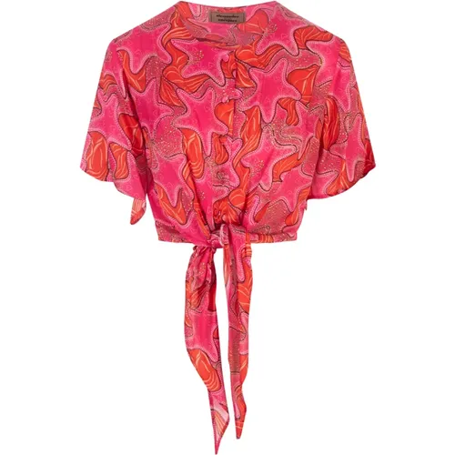 Pink Star Print Knot Crop Shirt , female, Sizes: 2XS, XS, S - Alessandro Enriquez - Modalova