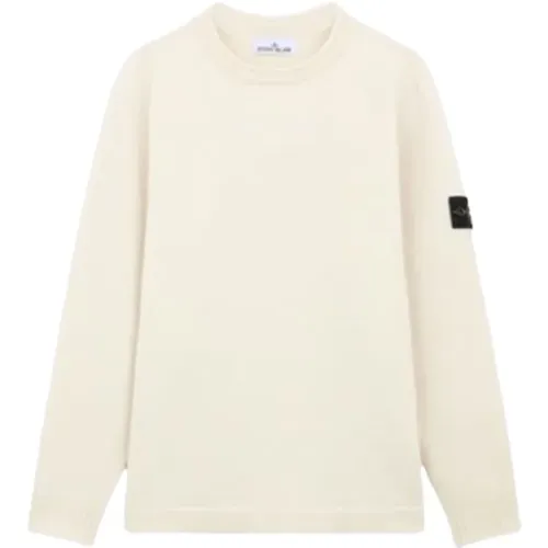 Gerippter Rundhalsausschnitt Pullover Lambswool Naturweiß , Herren, Größe: S - Stone Island - Modalova