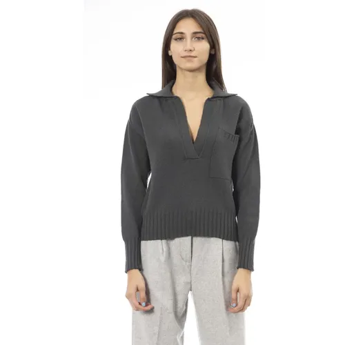 V-Ausschnitt Pullover mit Fronttasche , Damen, Größe: L - Alpha Studio - Modalova