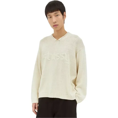 Chunky Strick V-Ausschnitt Logo Pullover - Stüssy - Modalova