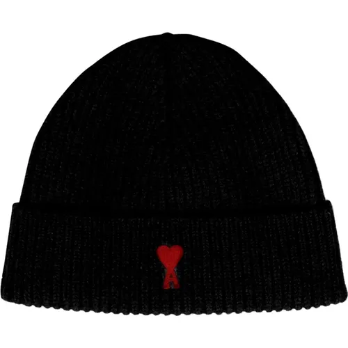 Ribbed Wool Beanie with Embroidered Patch , male, Sizes: ONE SIZE - Ami Paris - Modalova