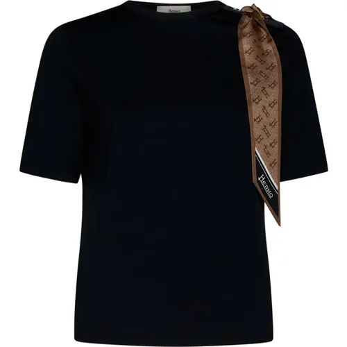 Schwarzes Jersey T-Shirt mit Schal-Detailing , Damen, Größe: M - Herno - Modalova