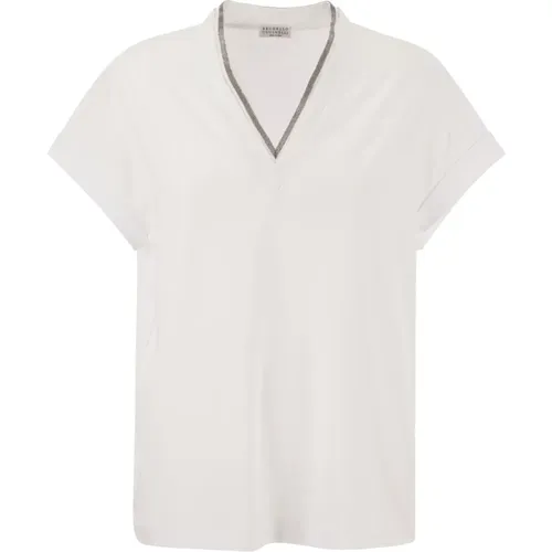 Stretch-Baumwoll-Jersey T-Shirt mit wertvollem Ausschnitt , Damen, Größe: S - BRUNELLO CUCINELLI - Modalova
