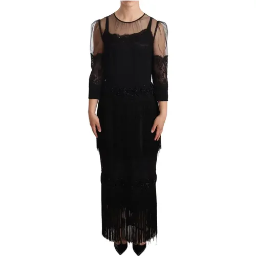 Schwarzes Spitzen Midi Kleid mit Gerüschten Ärmeln - Dolce & Gabbana - Modalova