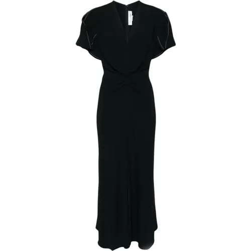 Schwarzes Kleid mit V-Ausschnitt und Ausgestelltem Rock - Victoria Beckham - Modalova