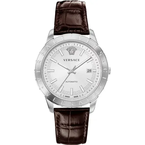 Men's Leather Strap Watch with Date Window , male, Sizes: ONE SIZE - Versace - Modalova