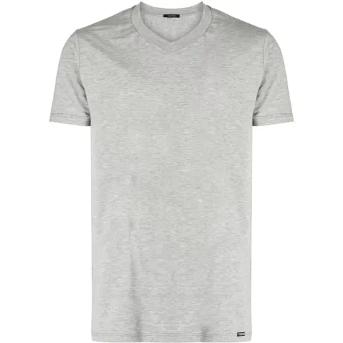 Hellgrau Melange V-Ausschnitt T-Shirt , Herren, Größe: 2XL - Tom Ford - Modalova