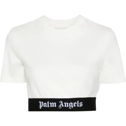 Weiße Logo-Jacquard Hem Crop Top , Damen, Größe: XS - Palm Angels - Modalova